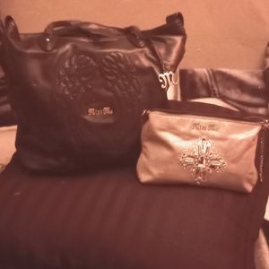Miss me large black tote with medium gold sequin Miss Me clutch/makeup bag